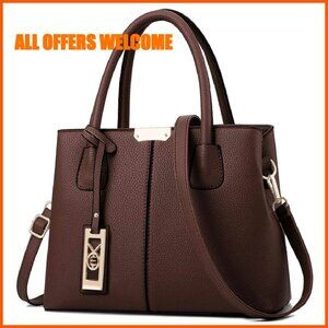 PU Leather Tote Bag with Detachable Strap, Multiple Zipper Pockets